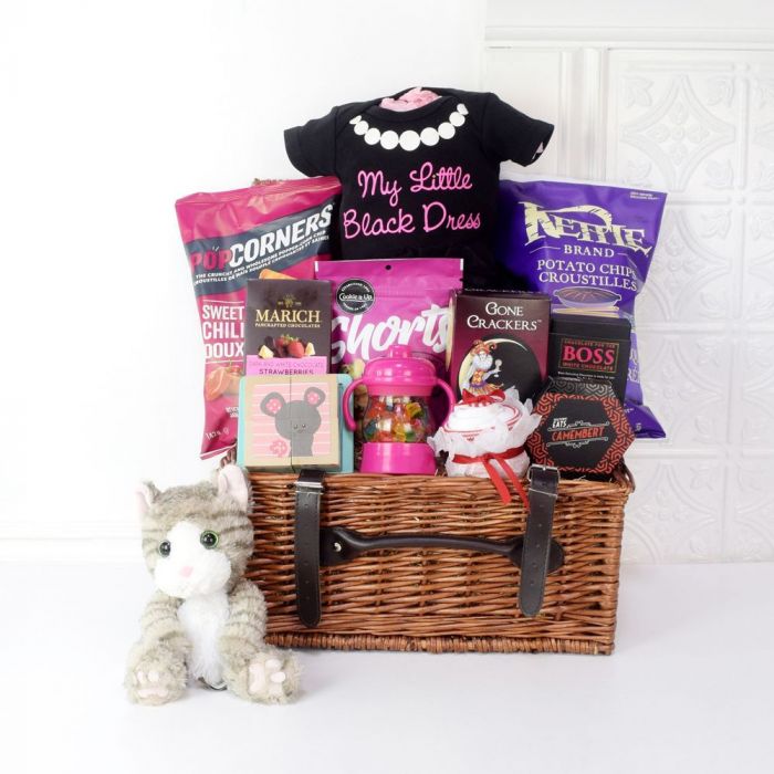 Baby Celebration Wicker Basket Featuring Clothes, Toys, and Snacks – how the gift is presented