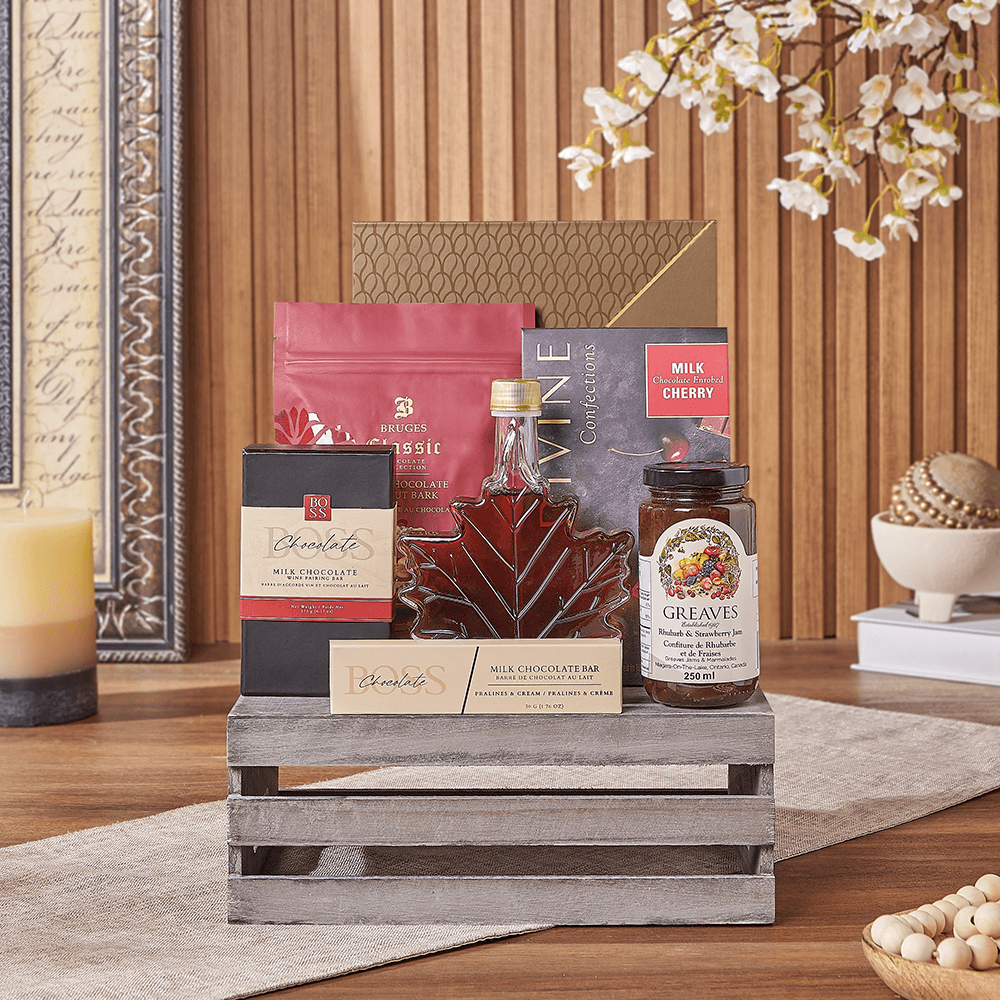 Halal Maple Syrup and Chocolate Crate – how the gift is presented