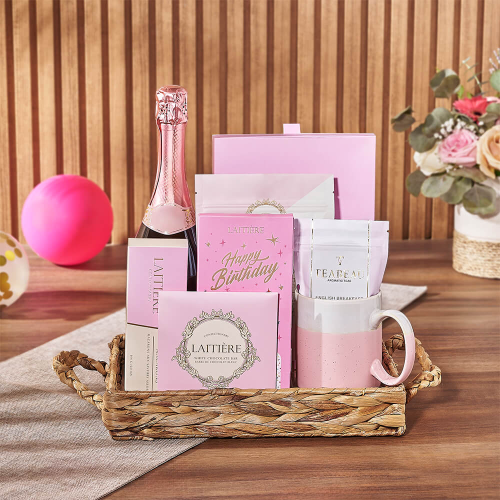 Sparkling Wine and Tea Birthday Basket – how the gift is presented