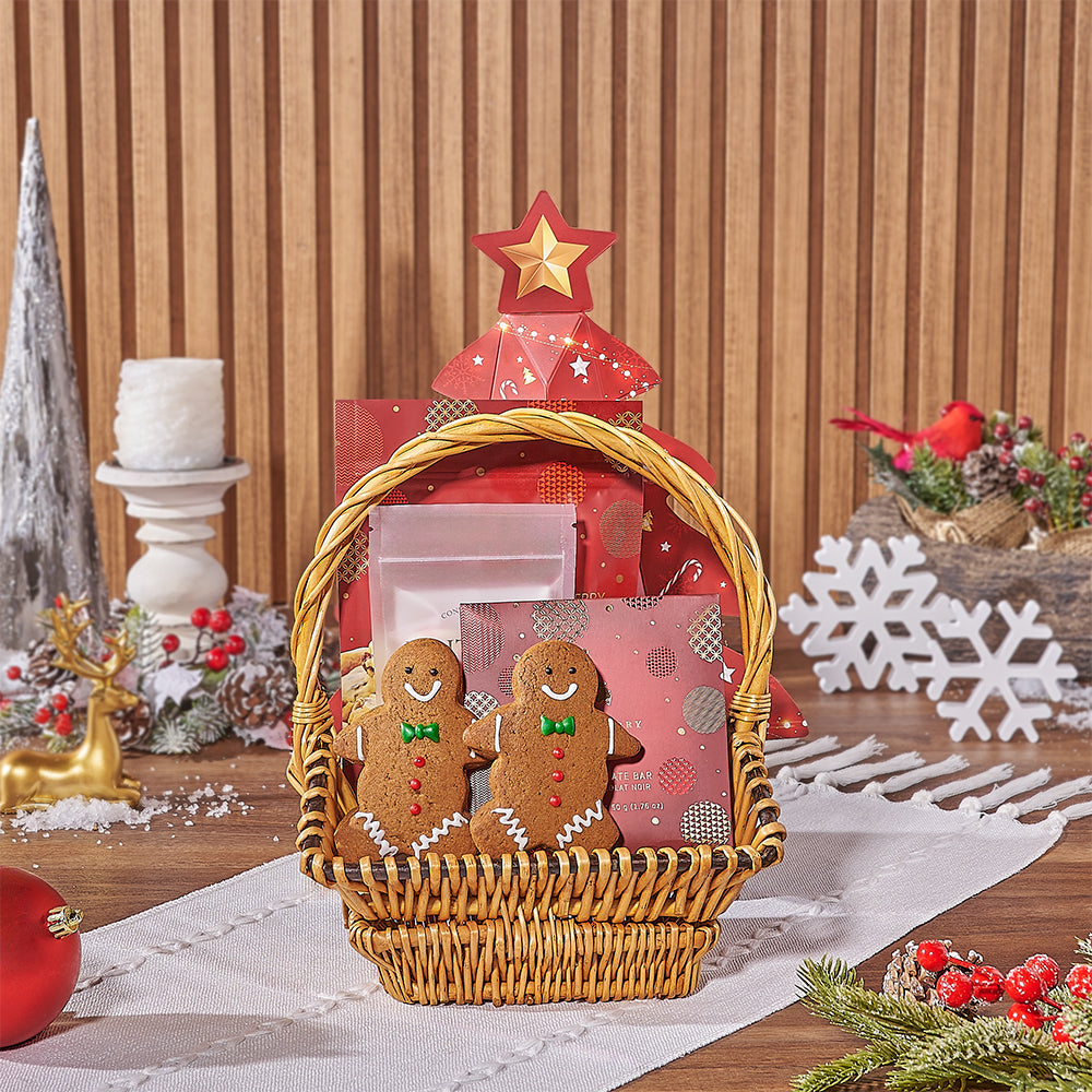 Small Rectangular Rattan Basket with Holiday Chocolates – how the gift is presented