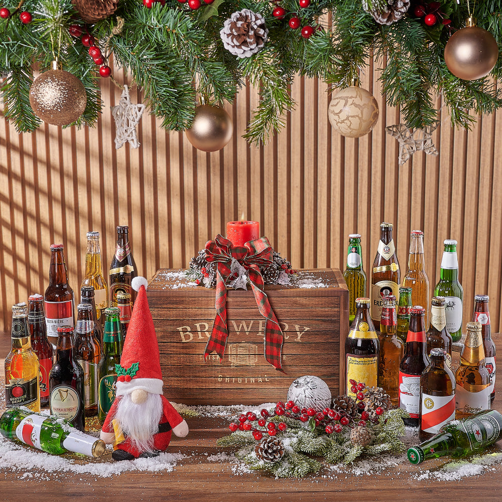 Festive Christmas Beer Gift Basket with Plush Santa in Brewery Wooden Box – how the gift is presented