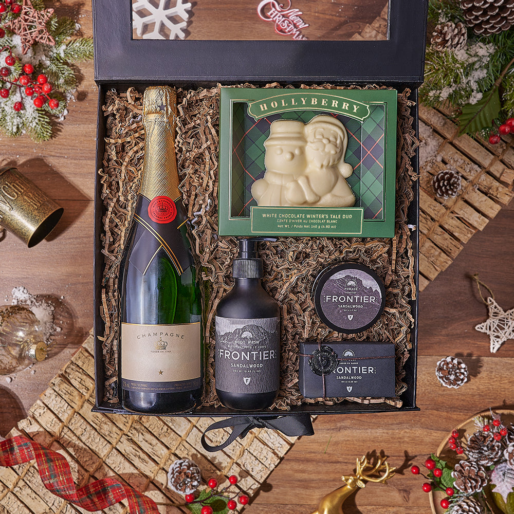 Holiday Bubbly & Spa Gift Box, chocolate gift, chocolate, champagne gift, champagne, sparkling wine gift, sparkling wine, Christmas gift, Christmas, Toronto delivery