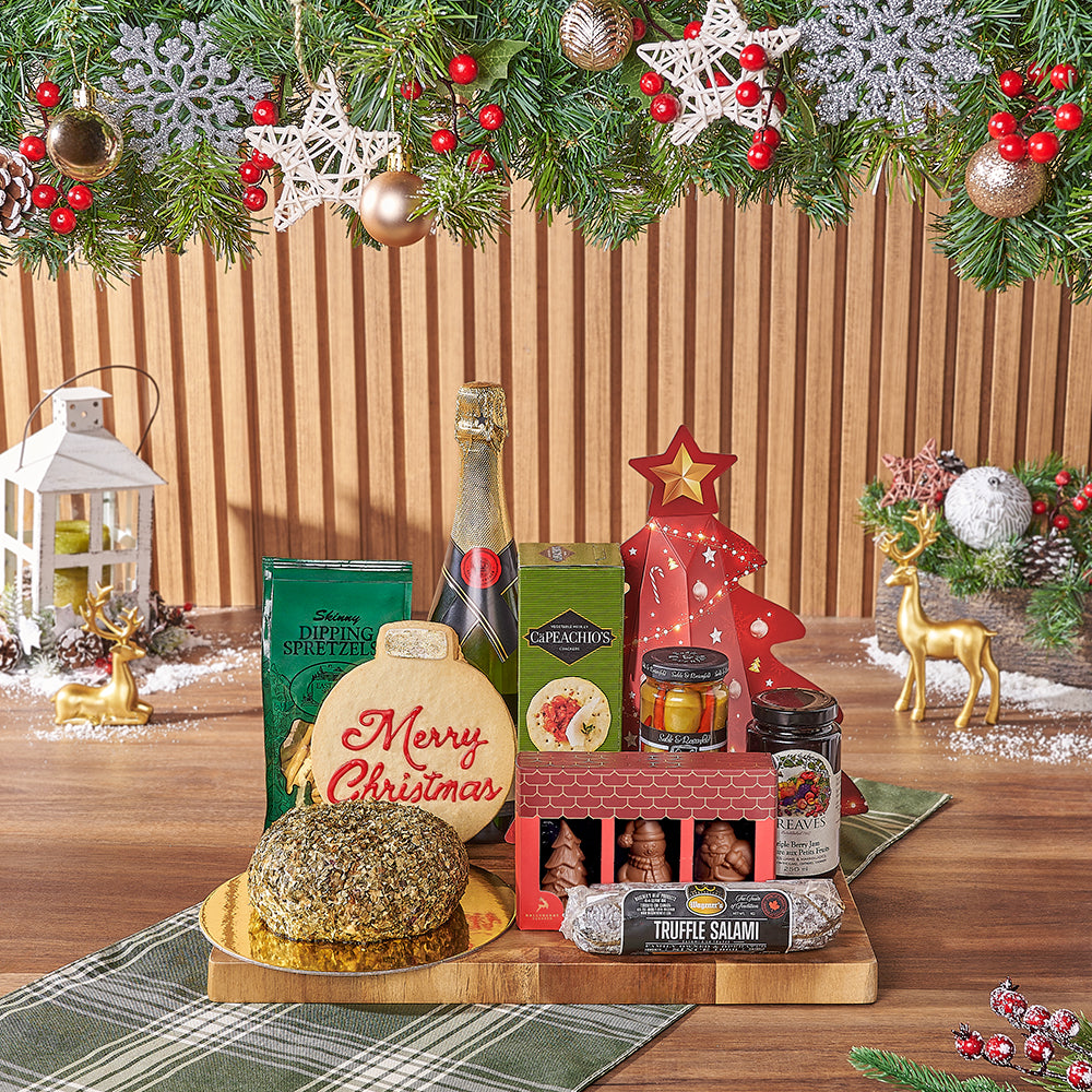 Holiday Sparkling Wine Gift Basket with Chive Cheese Ball and Gourmet Treats – how the gift is presented