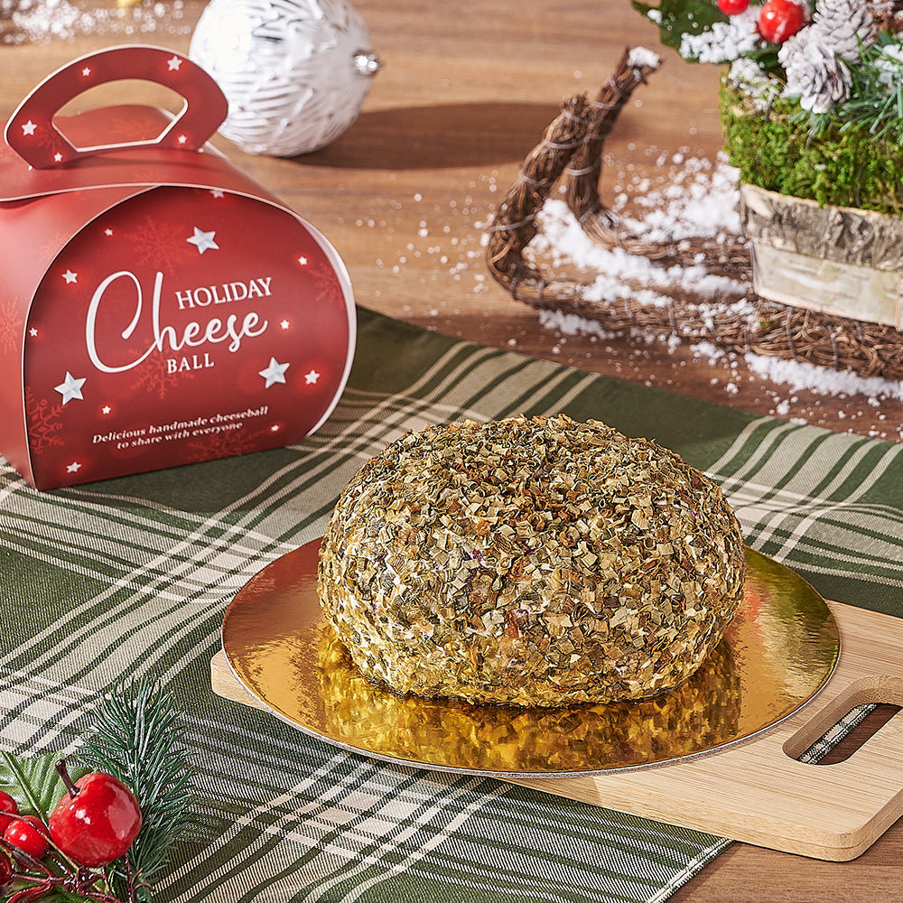Festive Hollyberry Chive Cheeseball with Bamboo Board Gift Basket – how the gift is presented