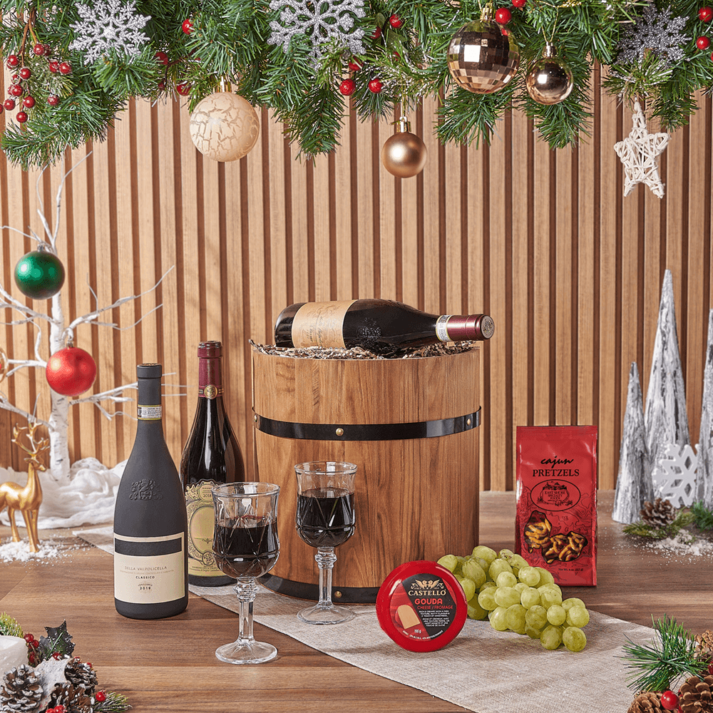 Wooden Half Barrel Wine Basket Featuring Gourmet Cheese and Snacks – how the gift is presented