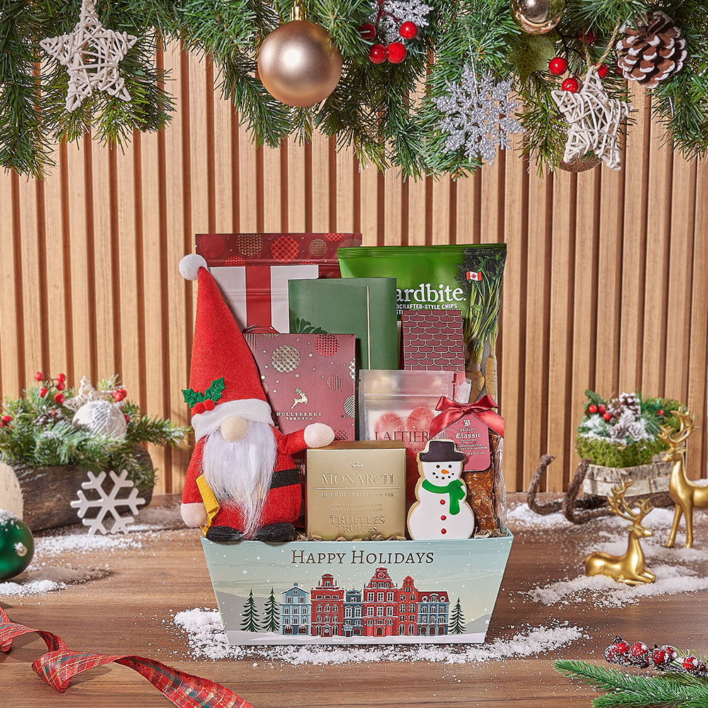 Winter Village Holiday Market Tray Gift Basket – how the gift is presented