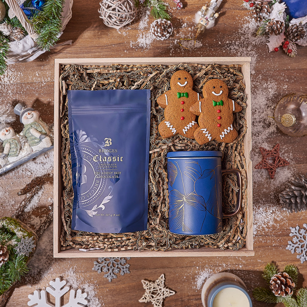 Blue and Gold Mug Gift Basket with Hot Chocolate and Gingerbread Treats – how the gift is presented