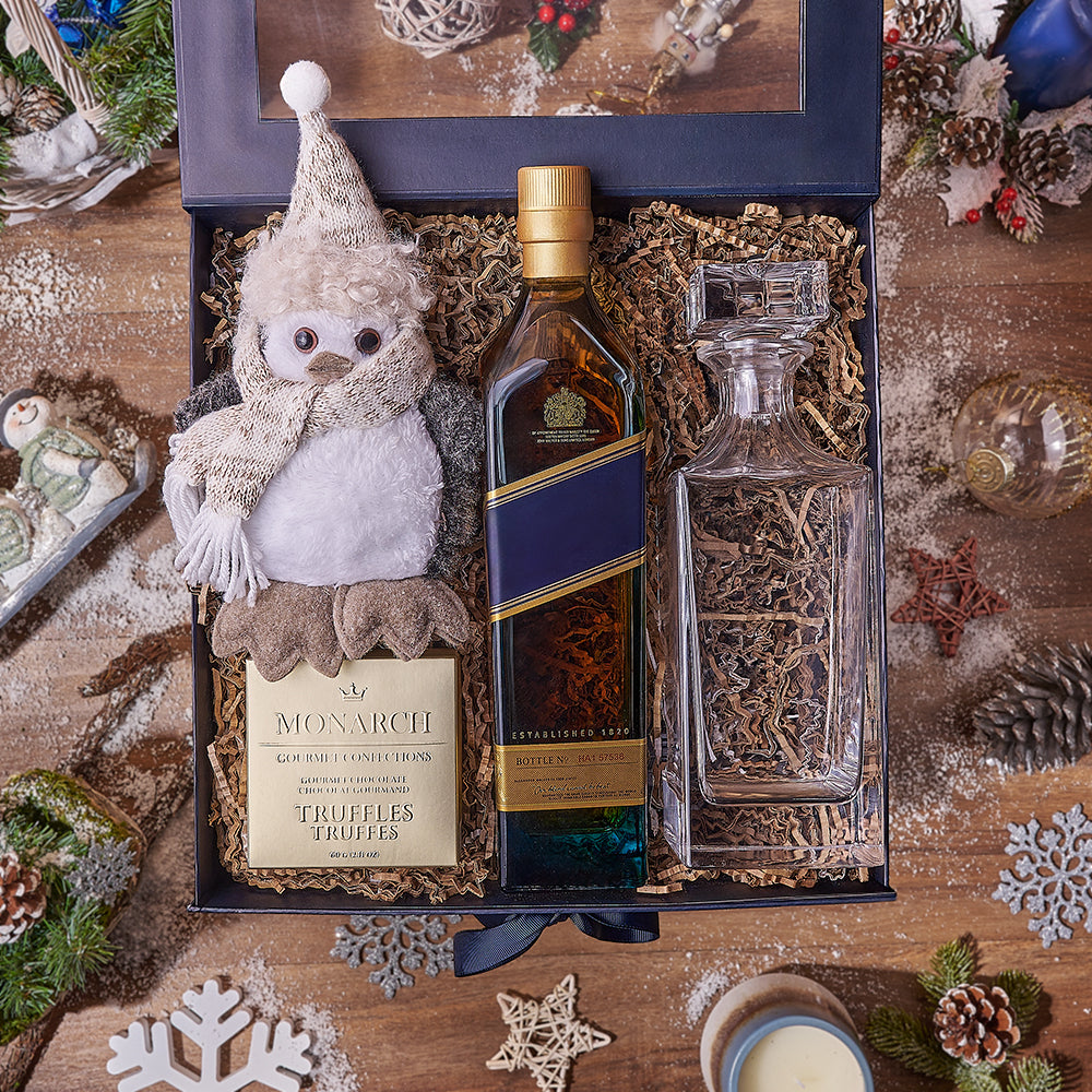 Holiday Liquor Decanter &amp; Treats Basket, liquor gift, liquor, chocolate gift, chocolate, decanter gift, decanter, christmas gift, christmas, Toronto delivery