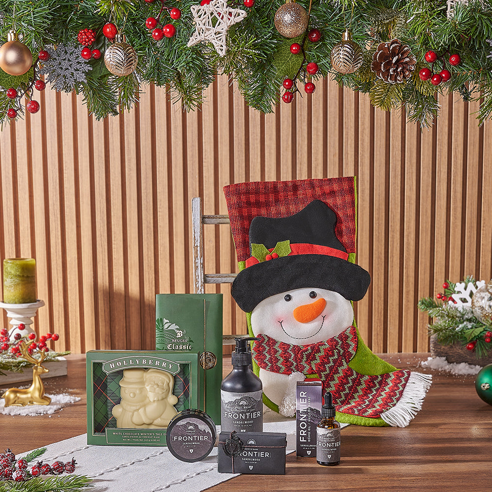Christmas Stocking Gift Set with Sandalwood Body Care and White Chocolate Duo – how the gift is presented