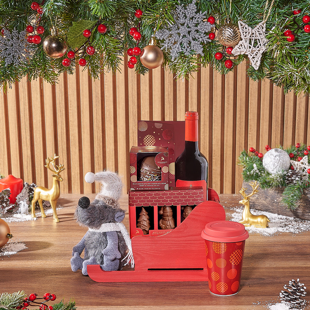 Wine and Chocolates Wooden Sleigh – how the gift is presented