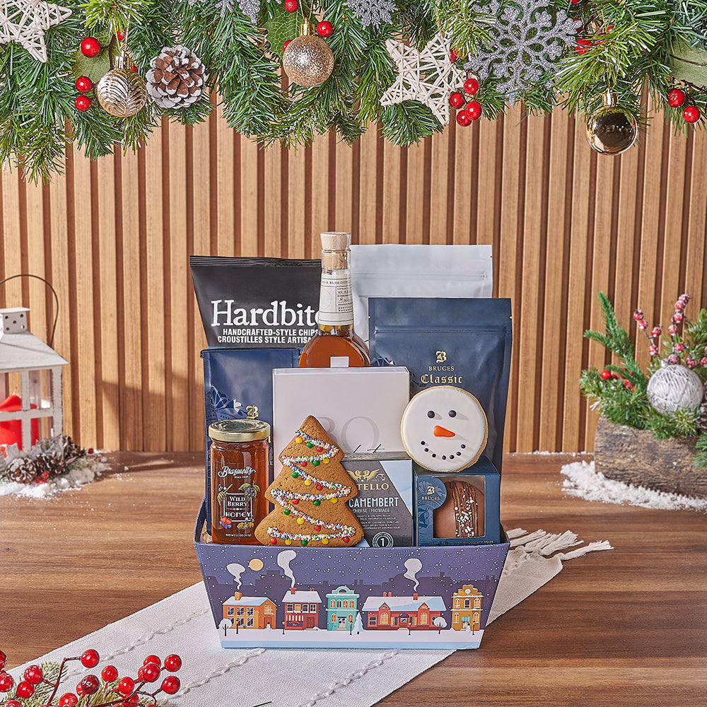 Holiday Market Tray Whiskey Gift Basket with Artisanal Treats – how the gift is presented