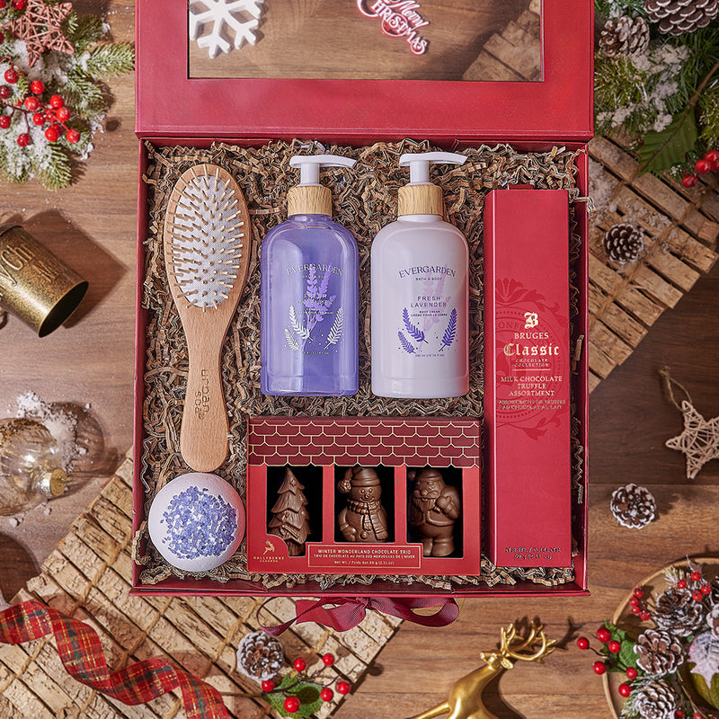 Holiday Spa & Chocolate Gift Box, chocolate gift, chocolate, spa gift, spa, bath gift, bath, Toronto delivery