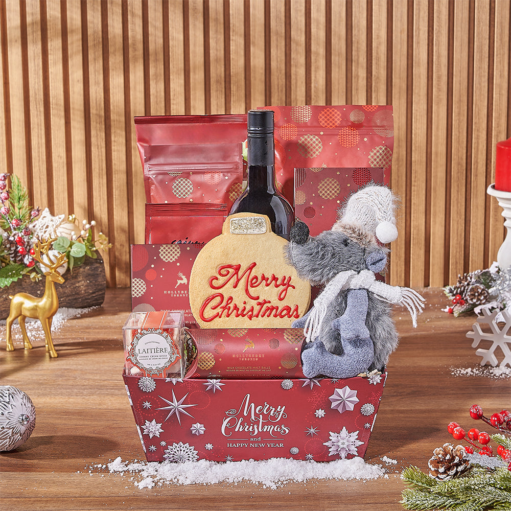 Festive Wine Market Tray with Holiday Treats – how the gift is presented