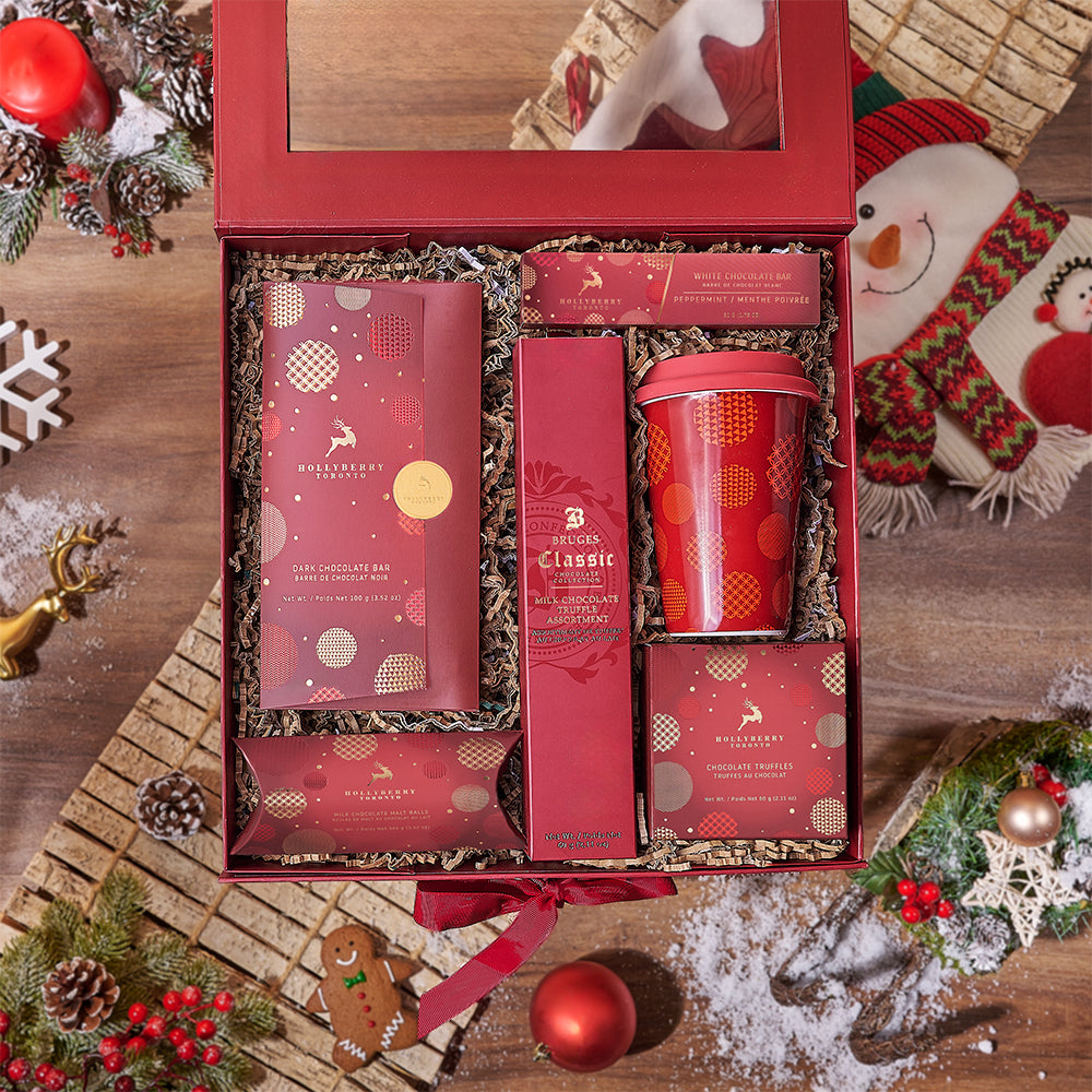 Holiday Collection White and Dark Chocolate Gift Basket – how the gift is presented