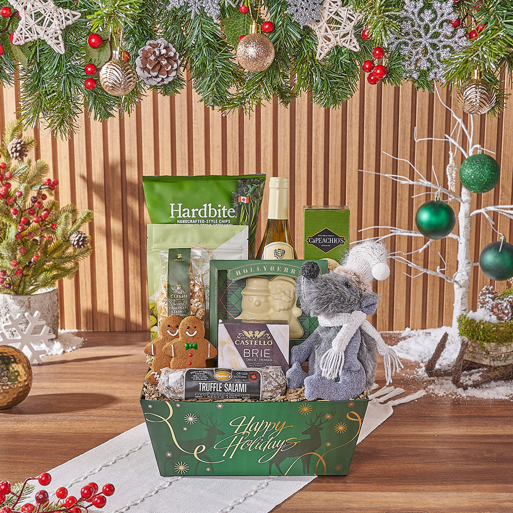 Holiday Wine and Gourmet Cheese Gift Basket – how the gift is presented