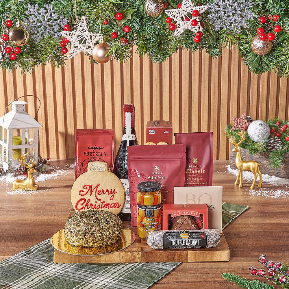 Holiday Wine &amp; Cheese Ball Gift Basket, christmas git, christmas, chocolate gift, chocolate, wine gift, wine, cheeseball gift, cheeseball, Toronto delivery