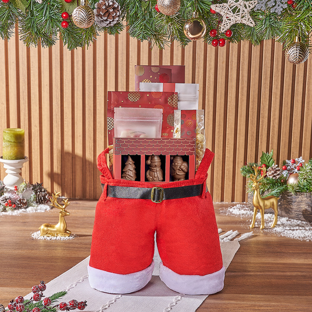 Christmas Gourmet Chocolate Assortment in Santa Pants Bag – how the gift is presented