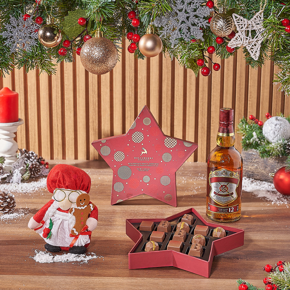 Holiday Whiskey and Assorted Gourmet Chocolate Truffles Gift Basket – how the gift is presented