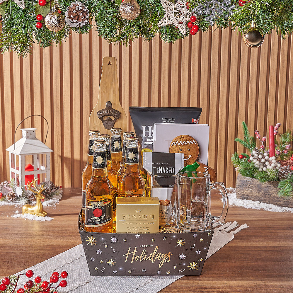 Holiday Cheer Beer Gift Set with Glass Tankard and Gourmet Treats – how the gift is presented