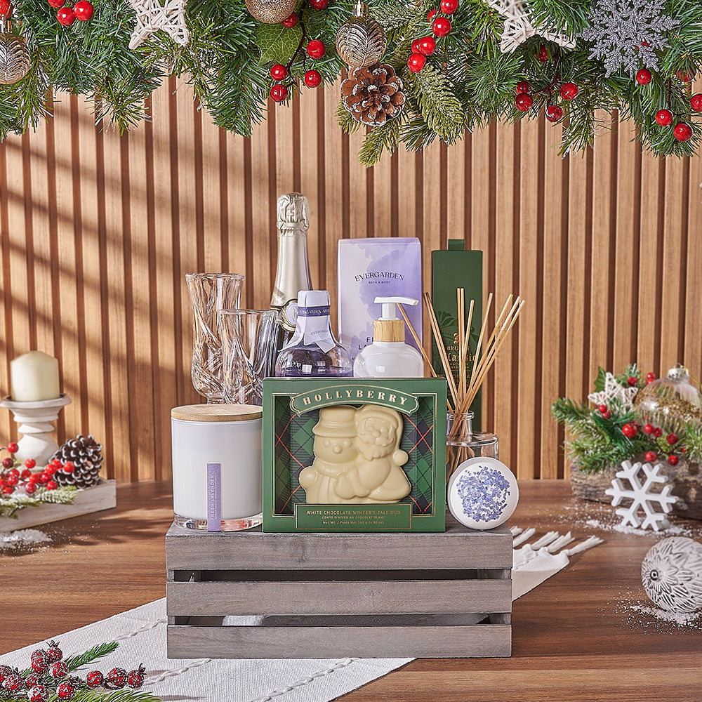 Festive Sparkling Wine Gift with White Chocolate and Wooden Crate – how the gift is presented