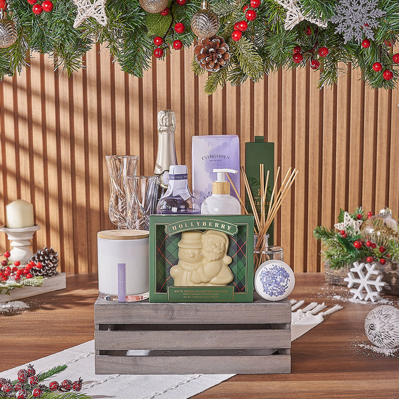 Joyful Champagne & Spa Gift Crate, Christmas gift, Christmas, champagne gift, champagne, sparkling wine gift, sparkling wine, chocolate gift, chocolate, Toronto delivery