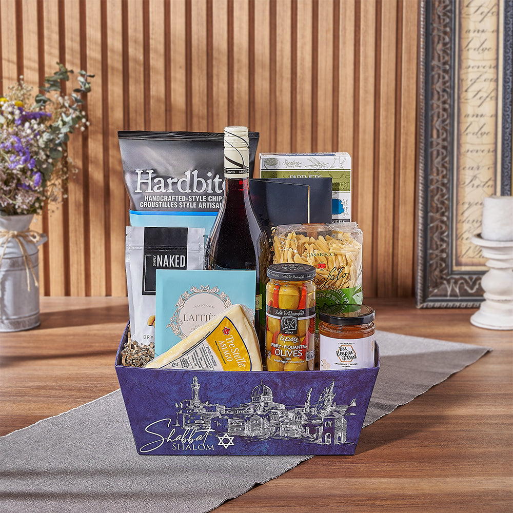 Hanukkah Shabbat Shalom Blue Market Tray with Kosher Wine Gift Basket – how the gift is presented