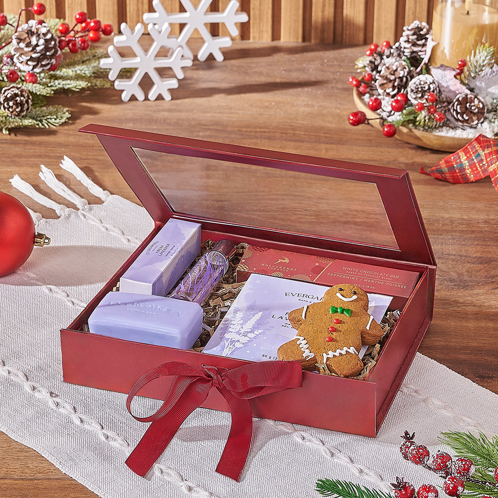 Seasonal Lavender Gift Box with Holleyberry White Chocolate and Bath Soak – how the gift is presented