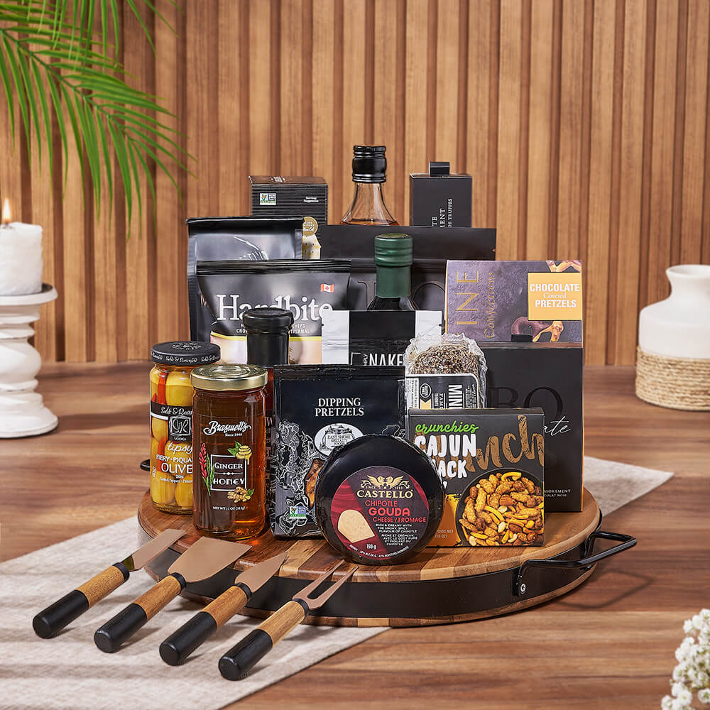 Gourmet Liquor Presentation with Charcuterie Cheese, Snacks and Brass Knife Set – how the gift is presented