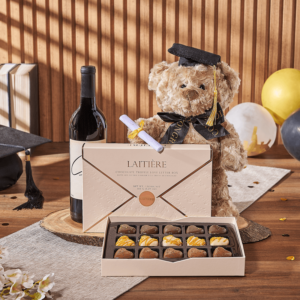 Graduation Wine and Teddy Bear Basket – how the gift is presented