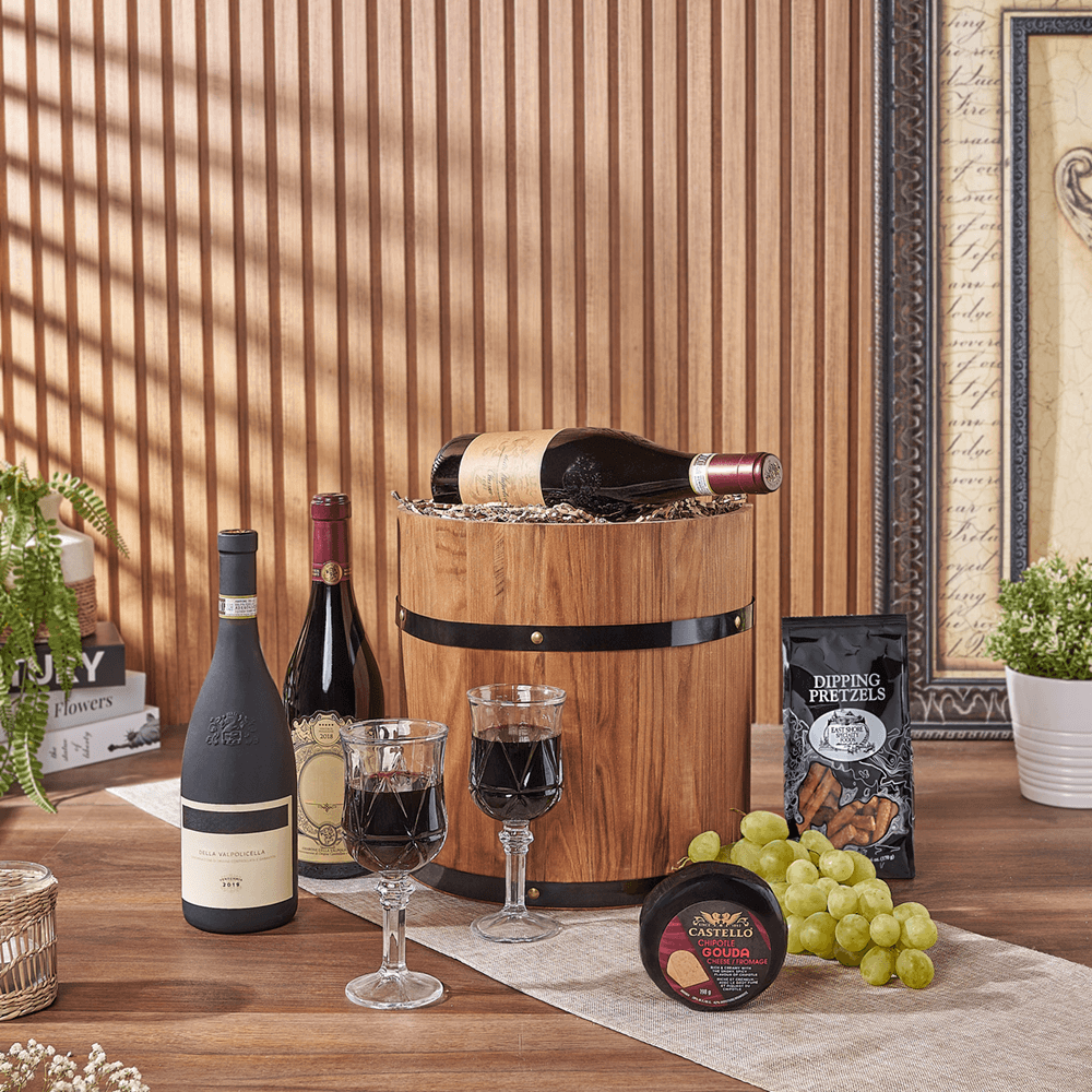 Lovely Wine Cheese Barrel - Premium Wines, wine gift, wine, fruit gift, fruit, cheese gift, cheese, Toronto delivery