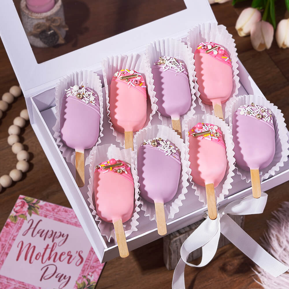 Pink and Purple Iced Brownie Cakecicles for Mom – how the gift is presented