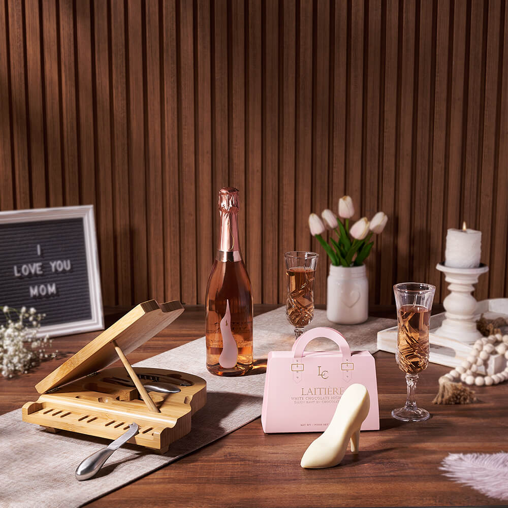 Bamboo Grand Piano Cheese Board Sparkling Wine Gift for Mom's Day – how the gift is presented