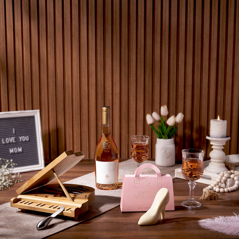 Wine Gift Basket for Mom with Laitière White Chocolate and Cheese Board – how the gift is presented