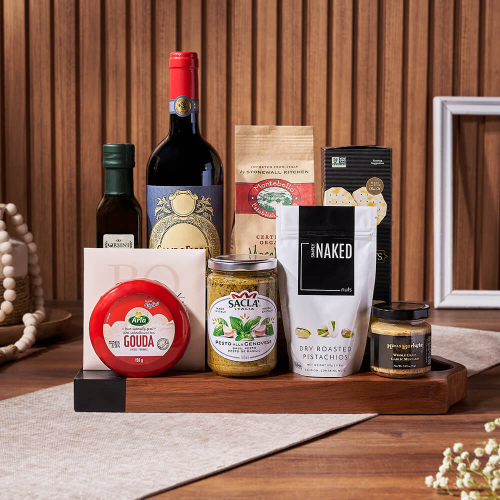 Deluxe Wine Basket Featuring Pasta, Cheese, and Chocolate – how the gift is presented