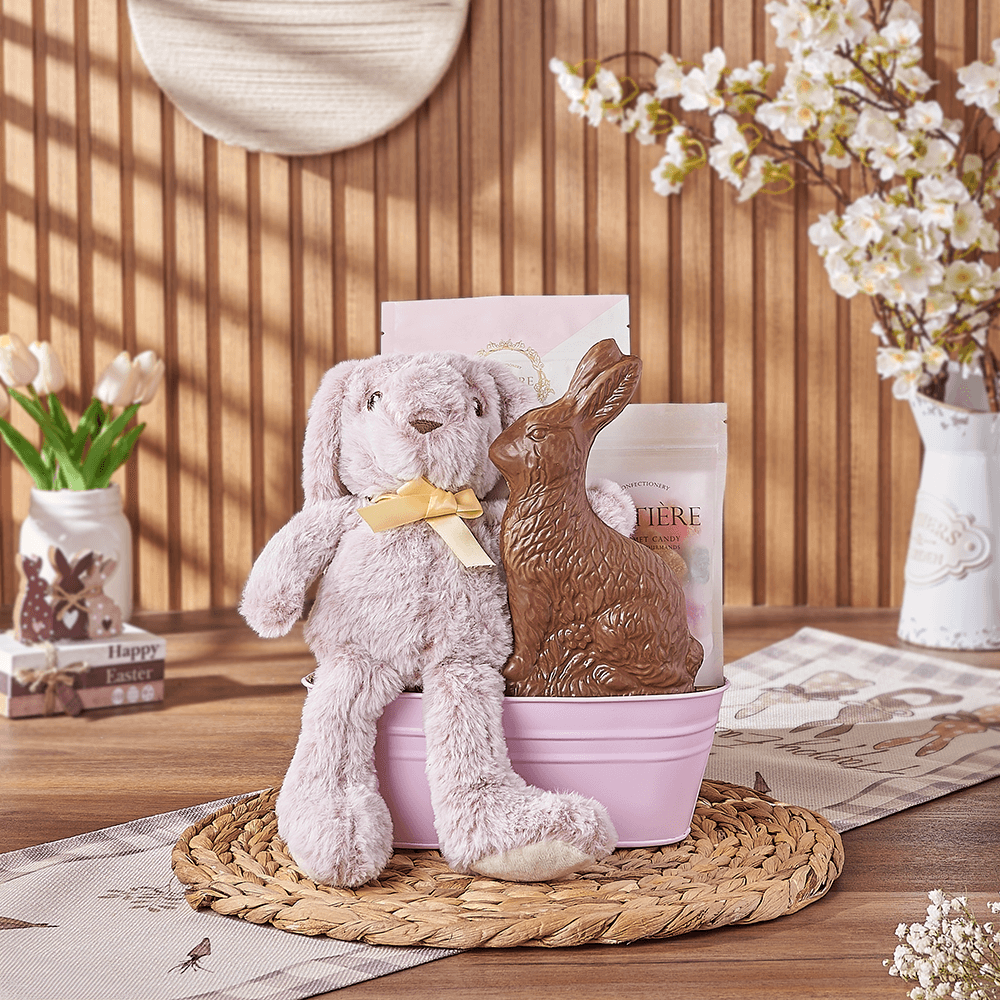 Easter Gift Basket in Pink Metal Bucket with Plush Bunny and Gourmet Sweets – how the gift is presented