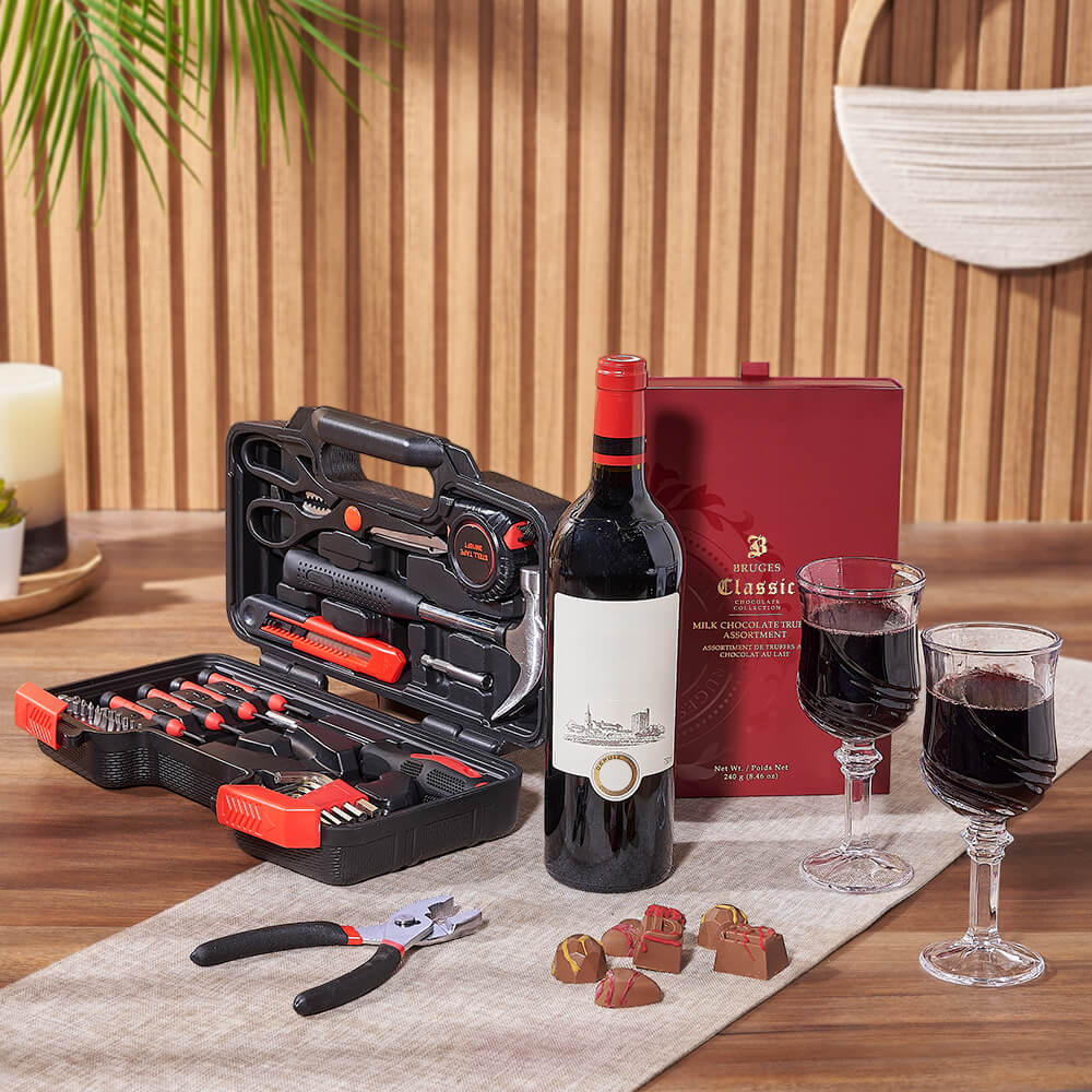 Practical Wine &amp; Tool Gift, wine gift, wine, tool gift, tools, chocolate gift, chocolate, Toronto delivery