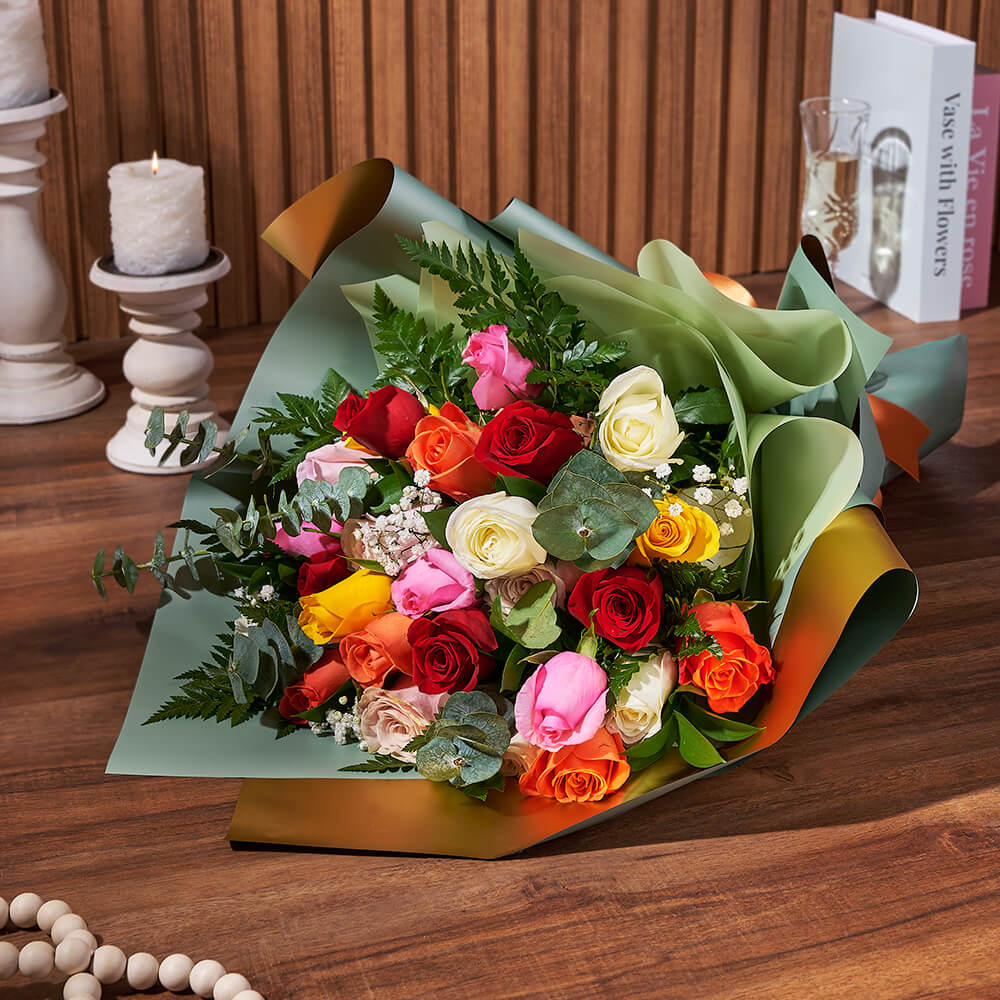 Multicolored Rose and Baby's Breath Designer Ribbon Bouquet – how the gift is presented