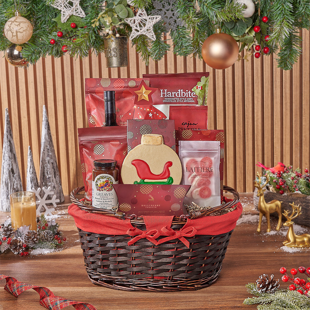 Christmas Wine Gift Basket with Snacks – gift basket with bottle of wine, hardbite drop'n mad beets chips and hollyberry white chocolate peppermint