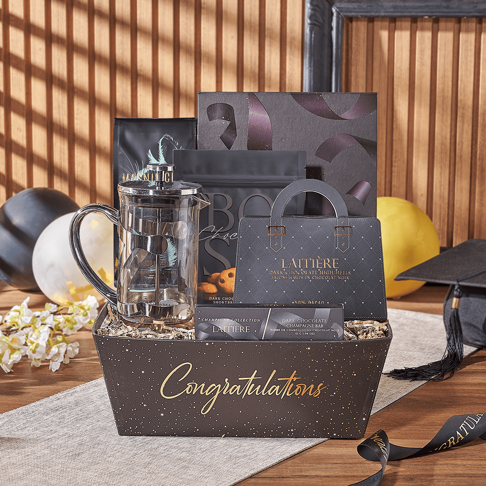 Graduation French Press Coffee Tray – how the gift is presented