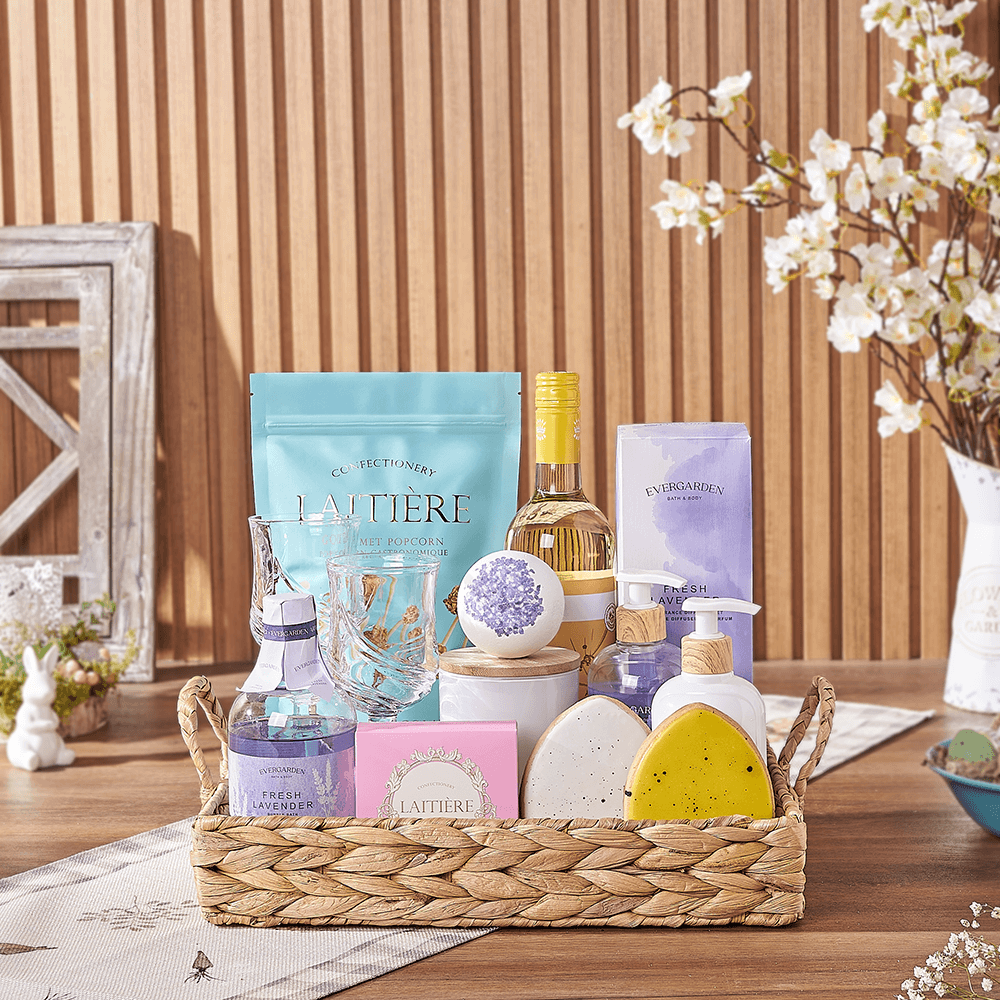 Easter Wine Gift Basket with Laitière Chocolates and Lavender Spa Set – how the gift is presented