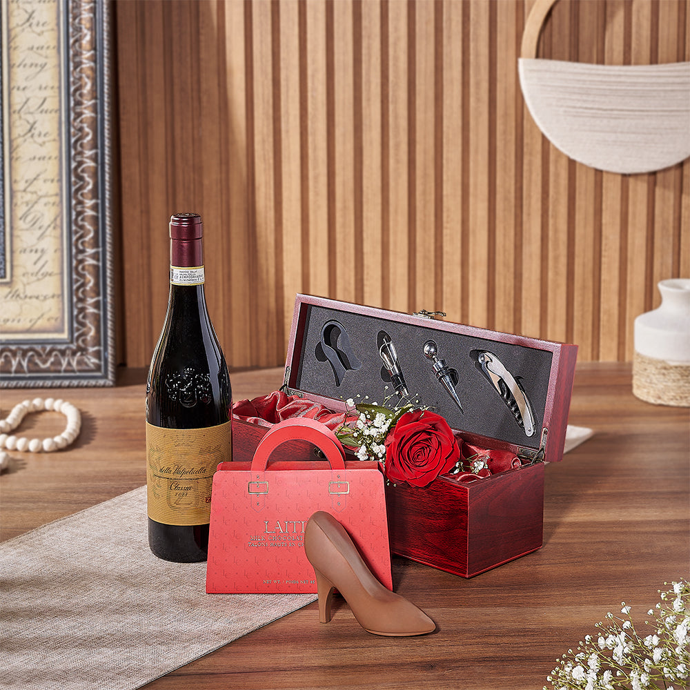 Rose and Wine Gift Box, wine gift, wine, rose gift, rose, chocolate gift, chocolate, Toronto delivery