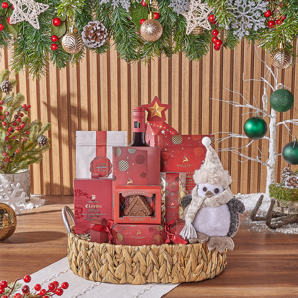 Premium Wine and Holiday Chocolate Treat Basket – how the gift is presented