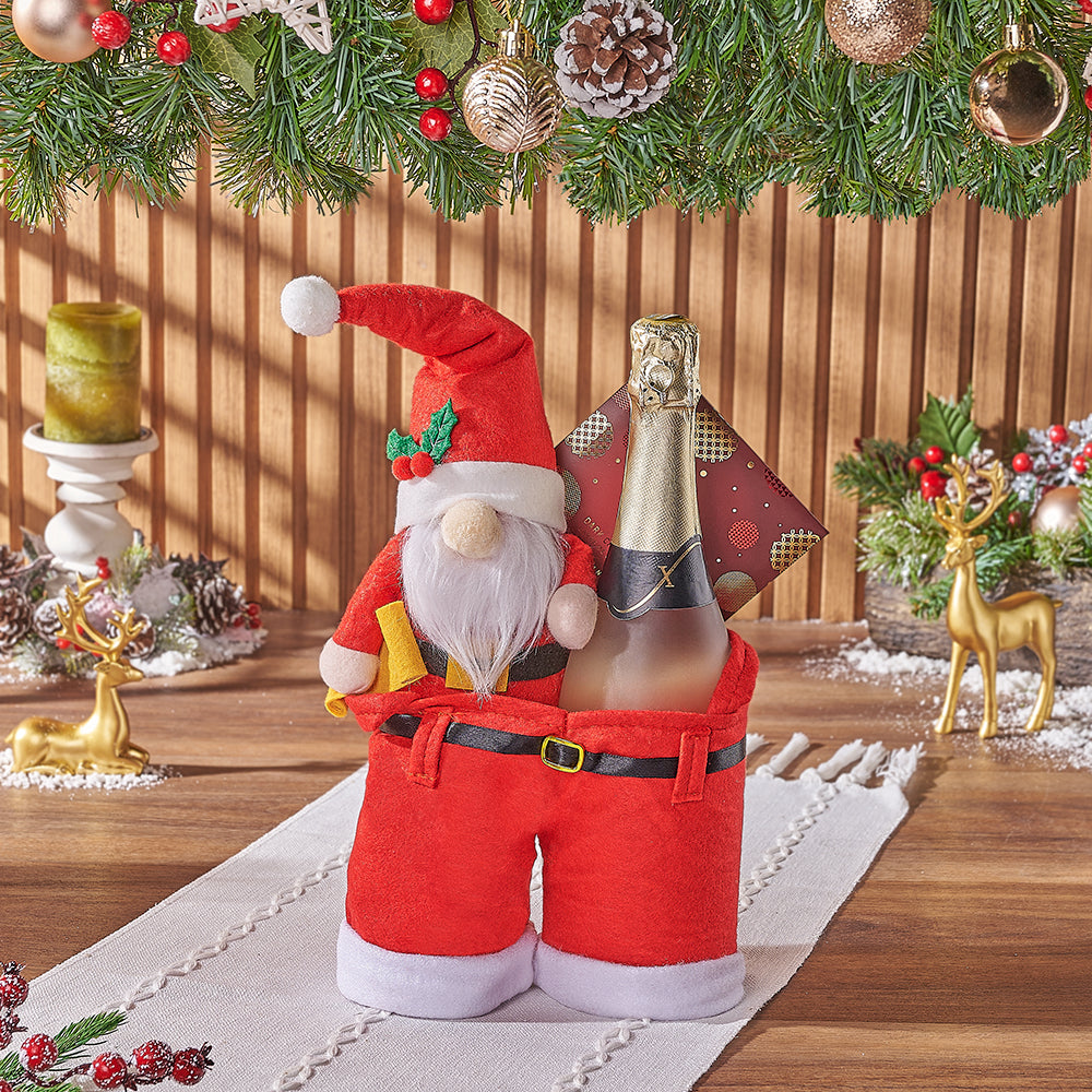 Festive Sparkling Wine Gift Set in Santa Pants Bag with Gourmet Chocolate – how the gift is presented