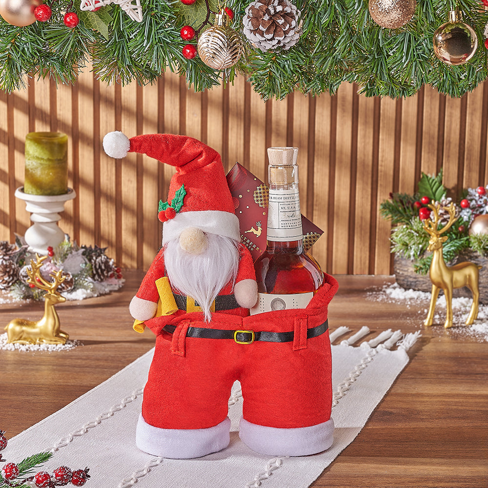 Holiday Liquor Gift Bag with Dark Chocolate in Santa Pants Design – how the gift is presented