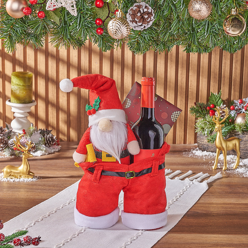 Red Wine and Dark Chocolate Holiday Gift in Santa Pants Bag – how the gift is presented