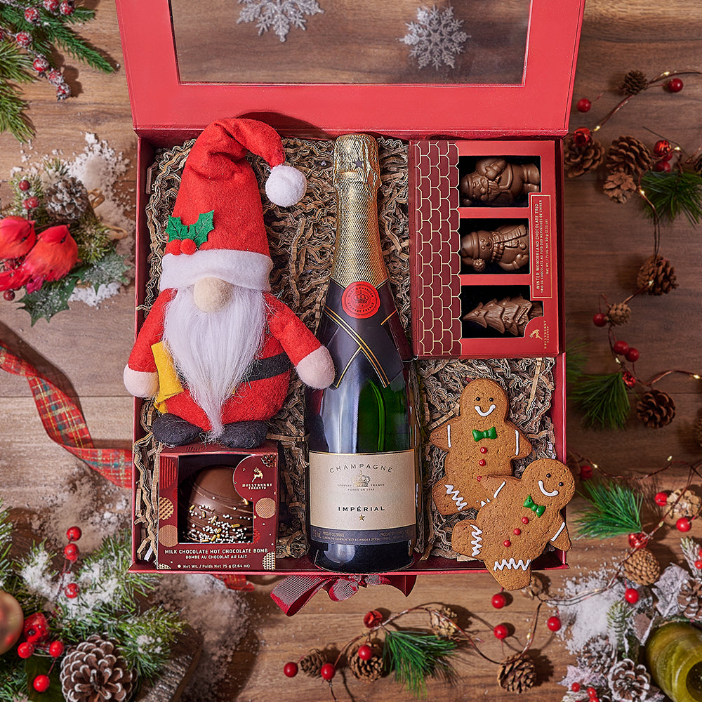 Seasonal Sparkling Wine Gift with Plush Santa and Gourmet Chocolates – how the gift is presented