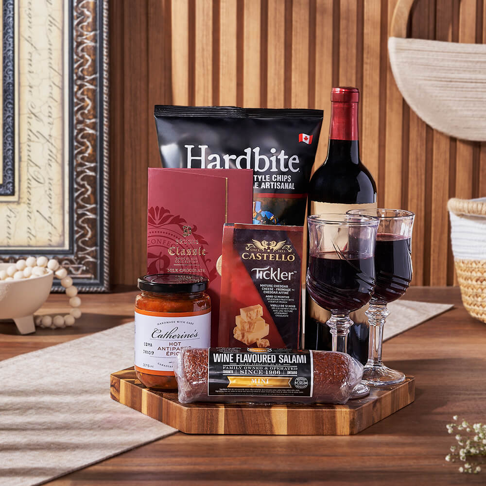 Wine Gift Basket Featuring Salami, Antipasto & Glasses – how the gift is presented