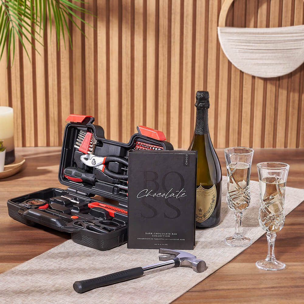 Sensible Champagne & Tool Gift, champagne gift, champagne, sparkling wine gift, sparkling wine, chocolate gift, chocolate, tool gift, tools, Toronto delivery