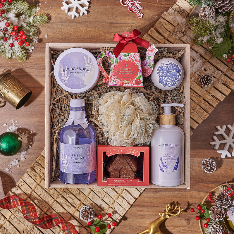 Serene Christmas Gift Box, chocolate gift, chocolate, Christmas gift, Christmas, tea gift, tea, spa gift, spa, bath gift, bath, Toronto delivery