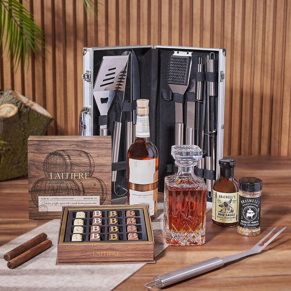 Whiskey and BBQ Grill Utensils Gift Basket with Chocolate Truffles – how the gift is presented